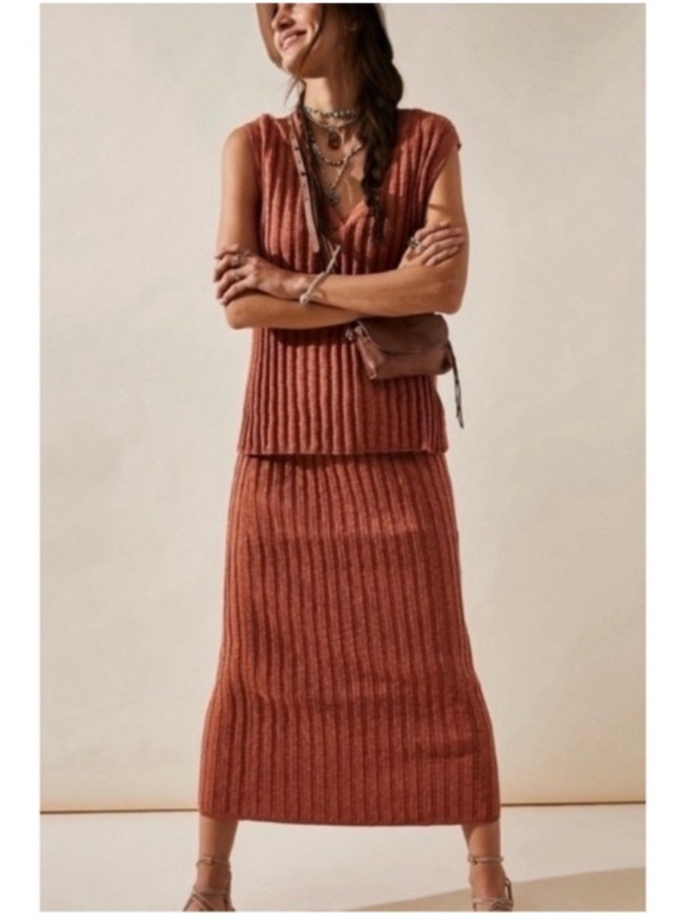 Sleeveless V-Neck Ribbed Knit Tank Top  and skirt set -Orange